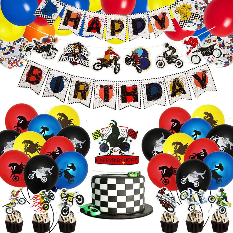 Finypa 87Pcs Motocross Birthday Party Supplies Dirt Bike Decorations Banner Cupcake Toppers Latex Balloons Set for Dirt Bike Extreme Sports Racing Party Boy Birthday Favor for Kids Teens Fans of Motocross - Image 1